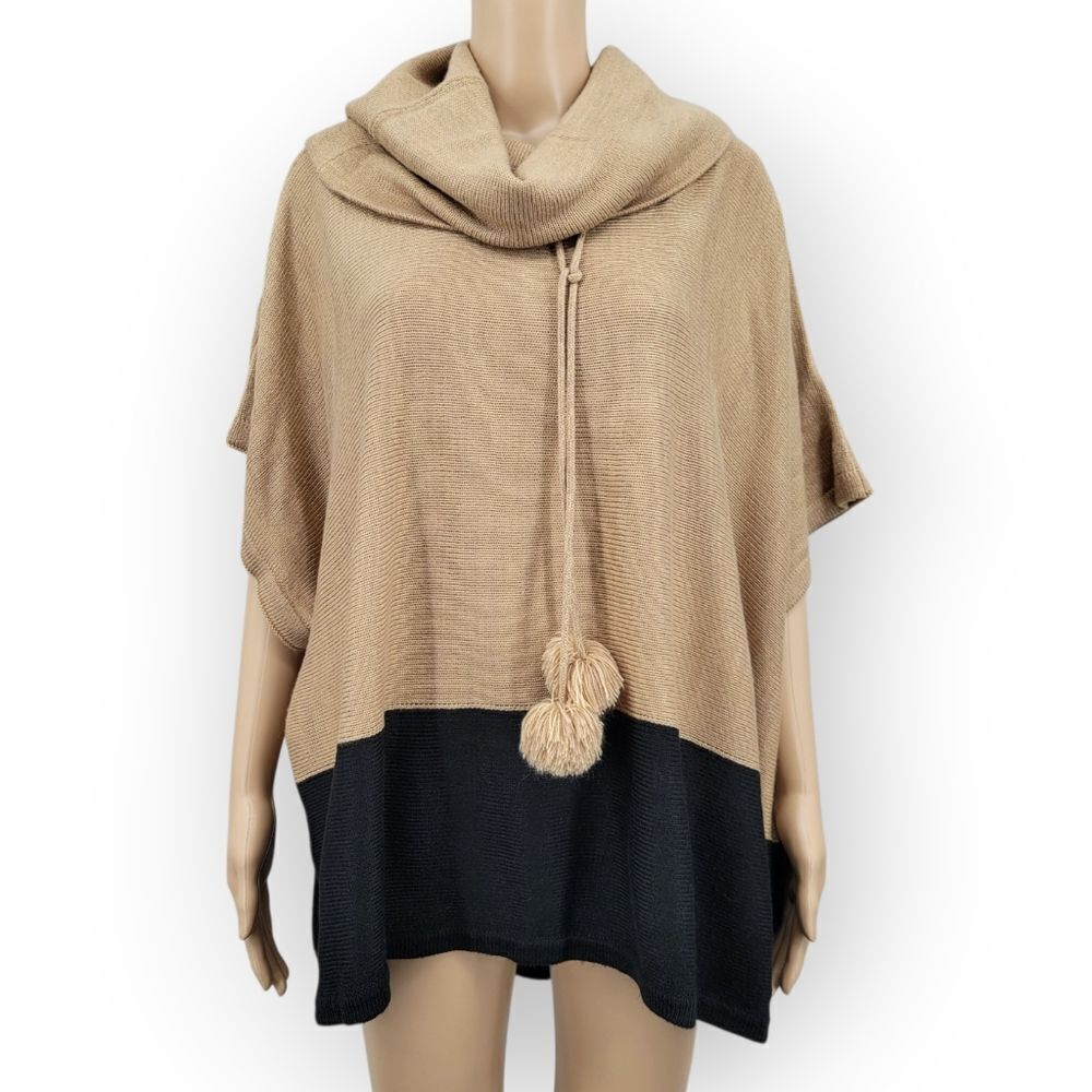 THML Two Tone Tan and Black Women's Cowl Neck Poncho Sweater